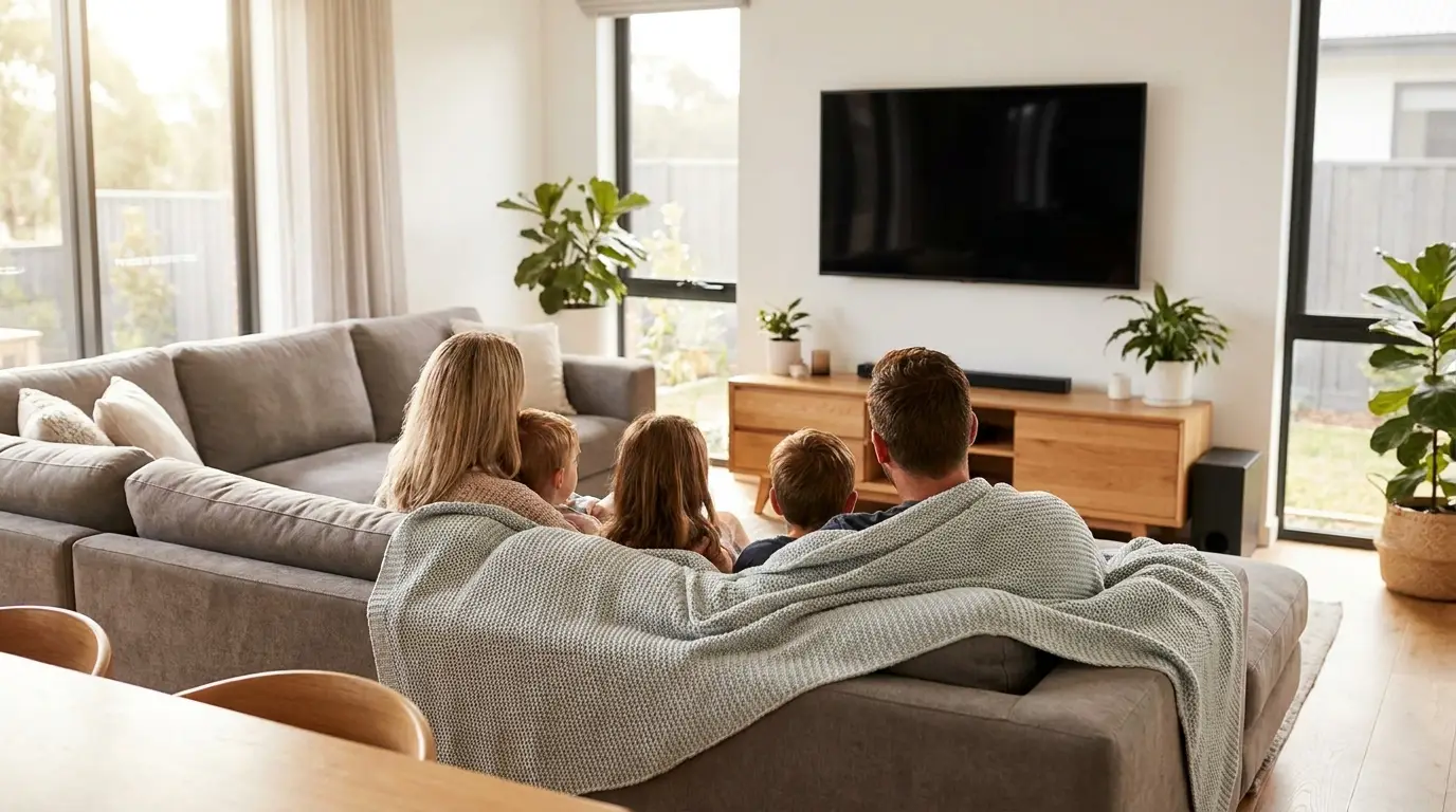 Gezin dat samen ontspannen televisiekijkt in de woonkamer