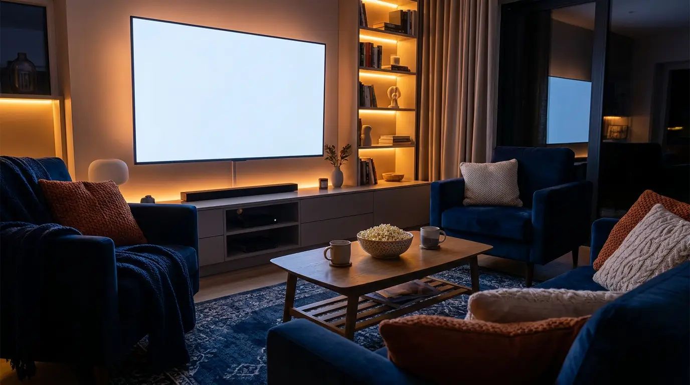 Sfeerbeeld van een gezellige filmavond thuis met gedimd licht