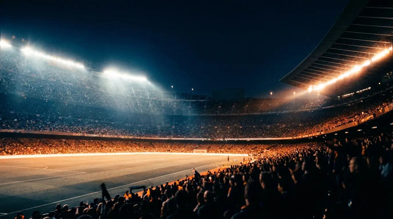 Sfeerbeeld van een sportwedstrijd in een stadion onder felle verlichting